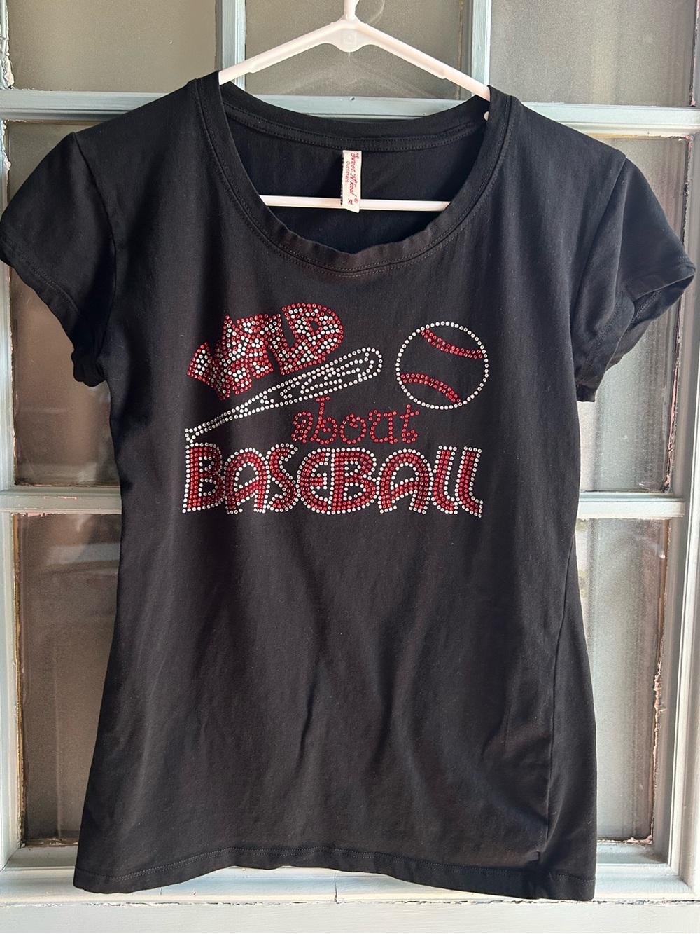 Y2K Wild About Baseball Rhinestone Crystal Short Sleeve Crew Neck Tee Black Red